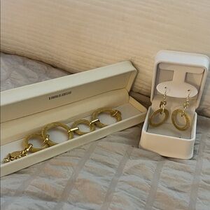 Gold Textured Hoop Bracelet and Earrings Set by